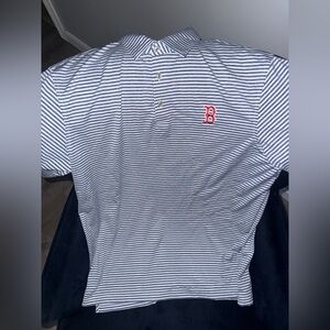 Vineyard Vines Navy and White Striped Polo with Boston Red Sox Logo.
